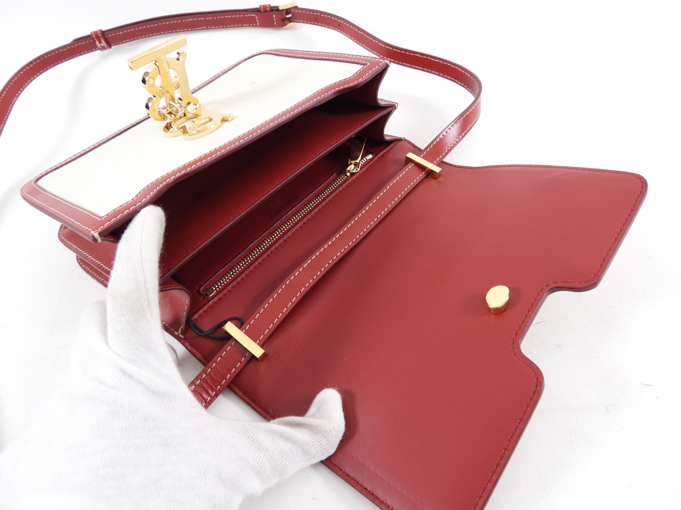 Burberry Small TB Canvas Toile and Red Leather Crossbody Bag