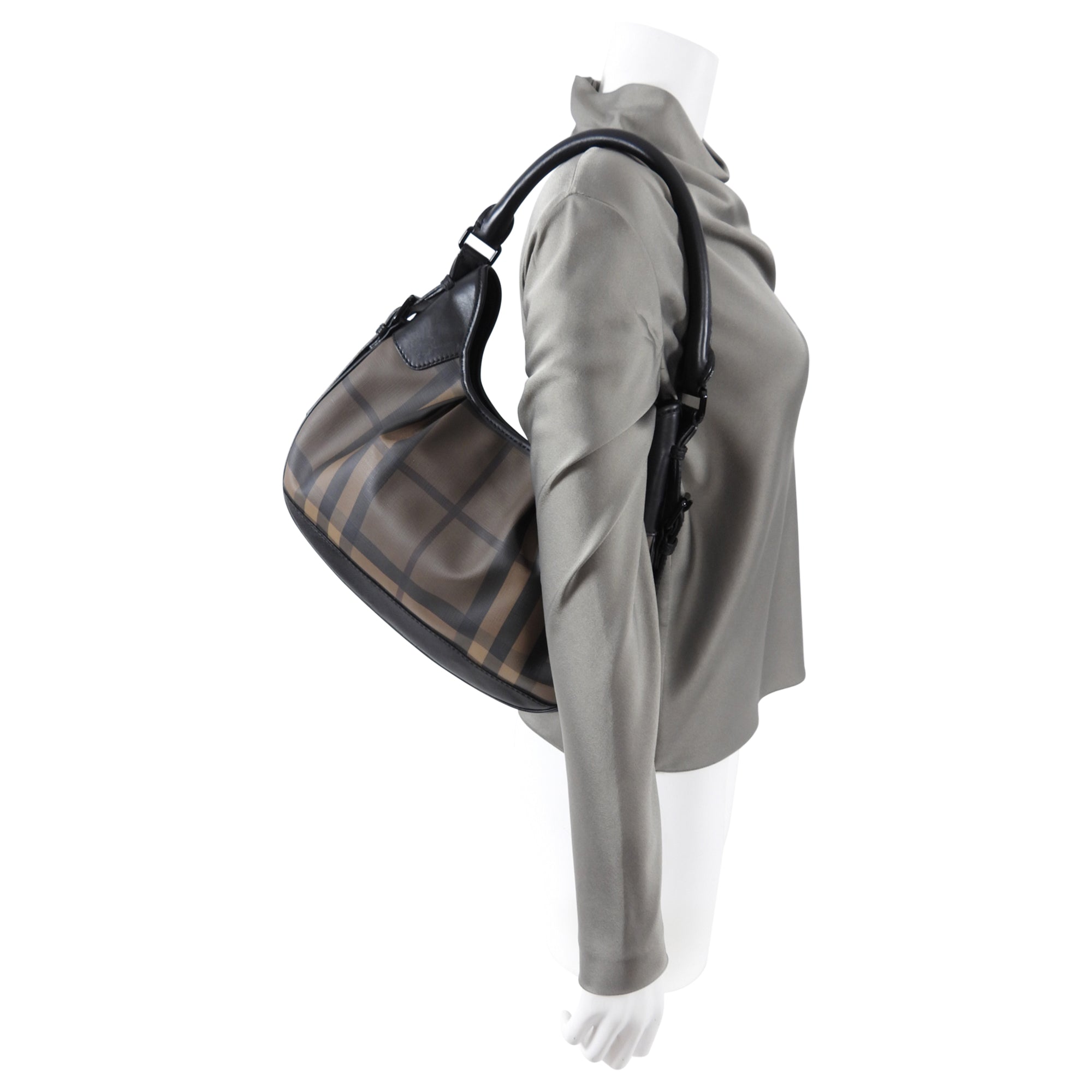 Burberry Shadow Check Coated Canvas and Leather Hobo Bag