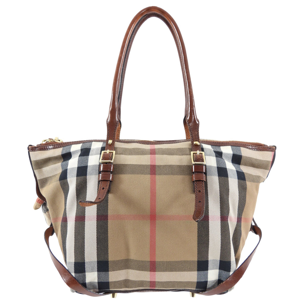 Burberry Fabric Check Tote Bag with Teddy Bear Charm