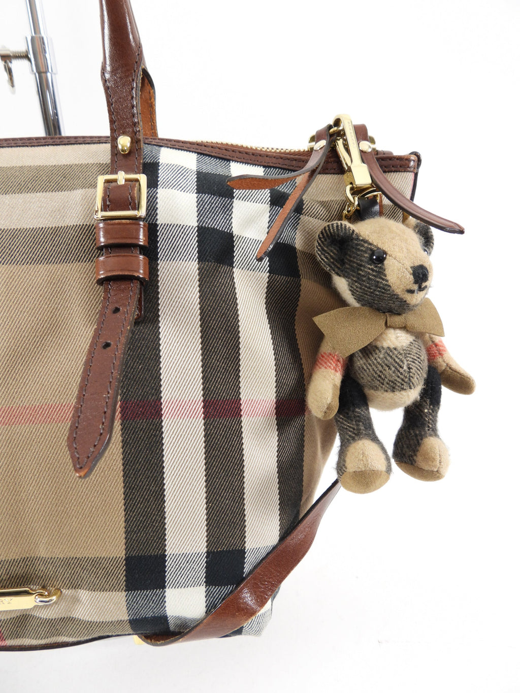 Burberry Fabric Check Tote Bag with Teddy Bear Charm
