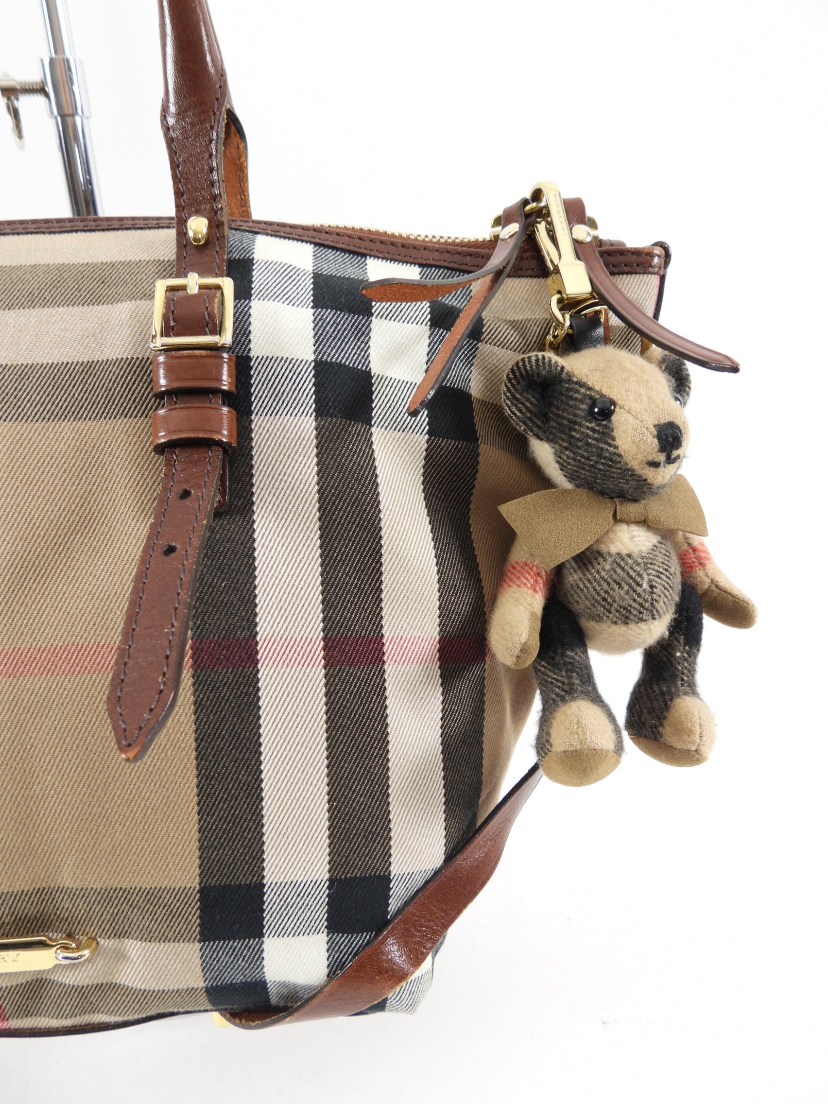 Burberry Fabric Check Tote Bag with Teddy Bear Charm