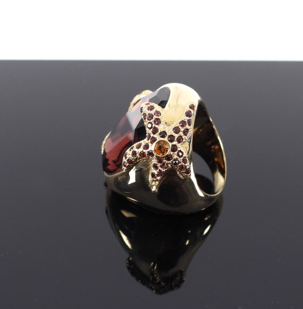 Michelle Monroe Burgundy Crystal Gold Starfish Statement Cocktail Ring - 9.5