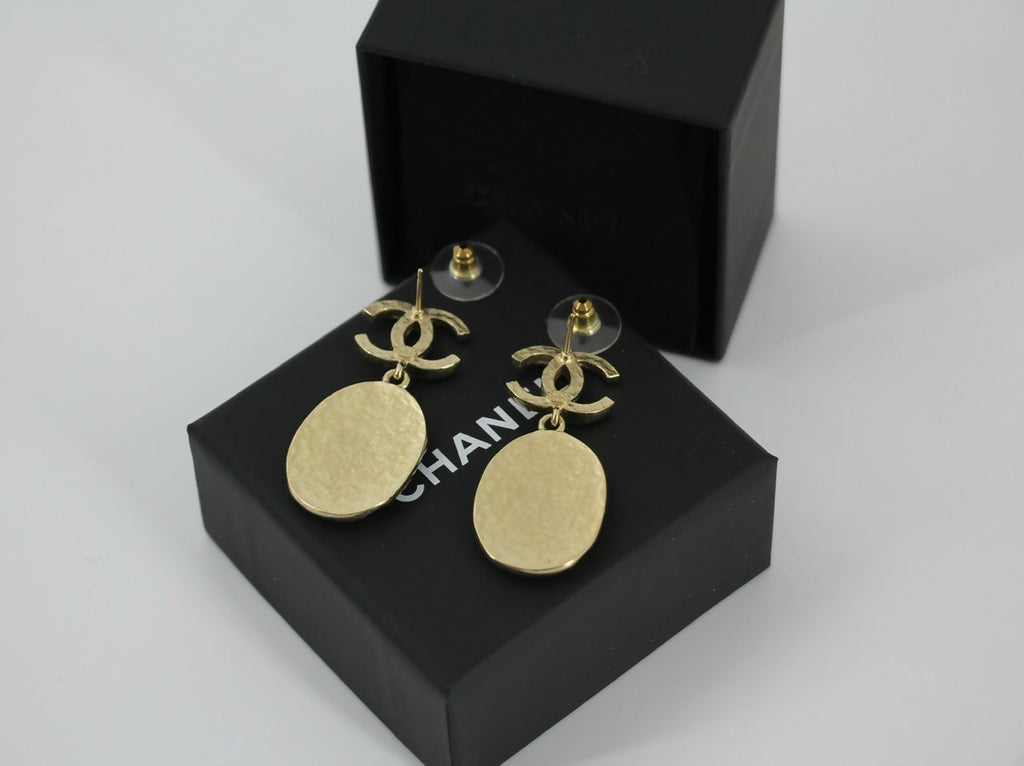 Chanel F21A Rhinestone CC Crown Dangle Stud Earrings
