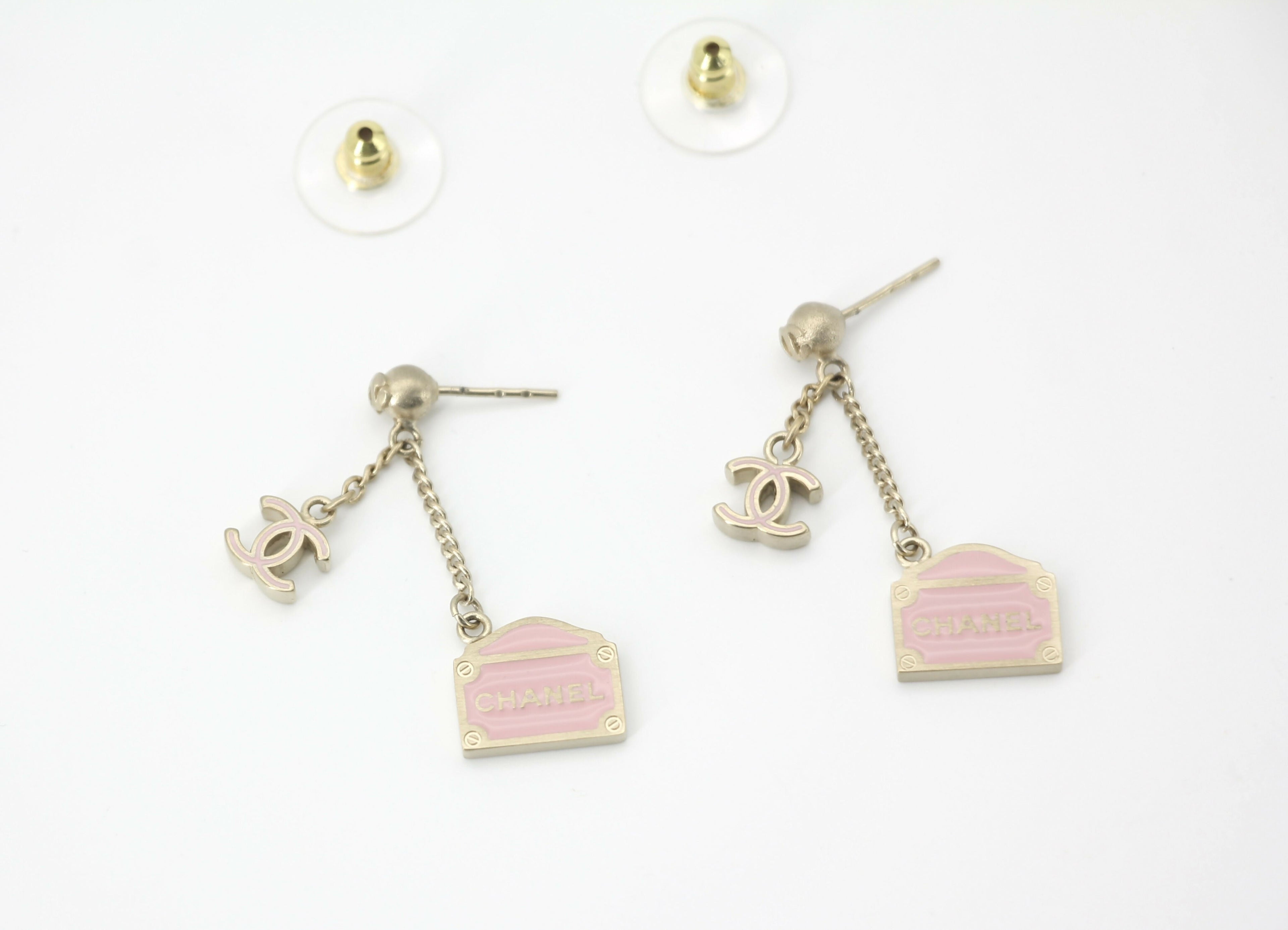 Chanel Vintage 01 Enamel Pink Purse Rue Cambon CC Dangle Stud Earrings