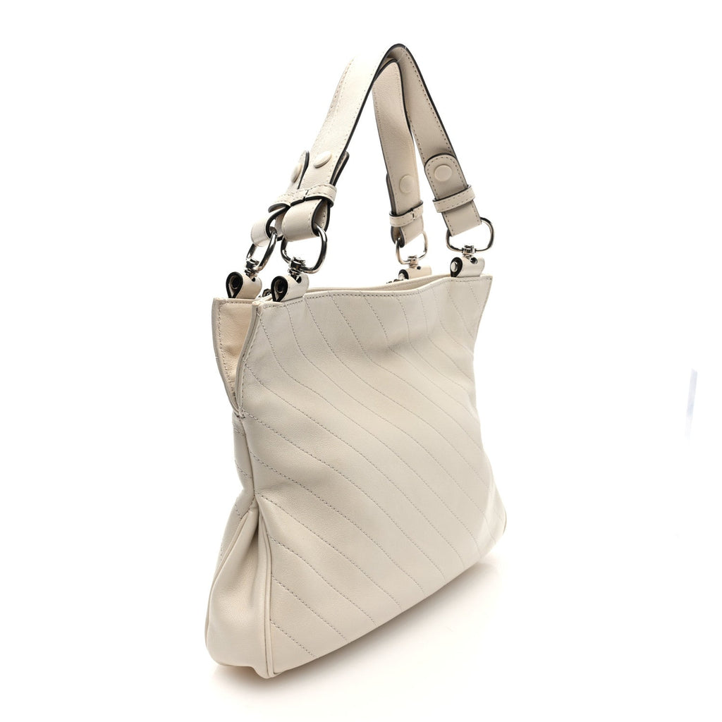 Sakai Be Green Calfskin Diagonal Stitched Small Blondie Tote Mystic White