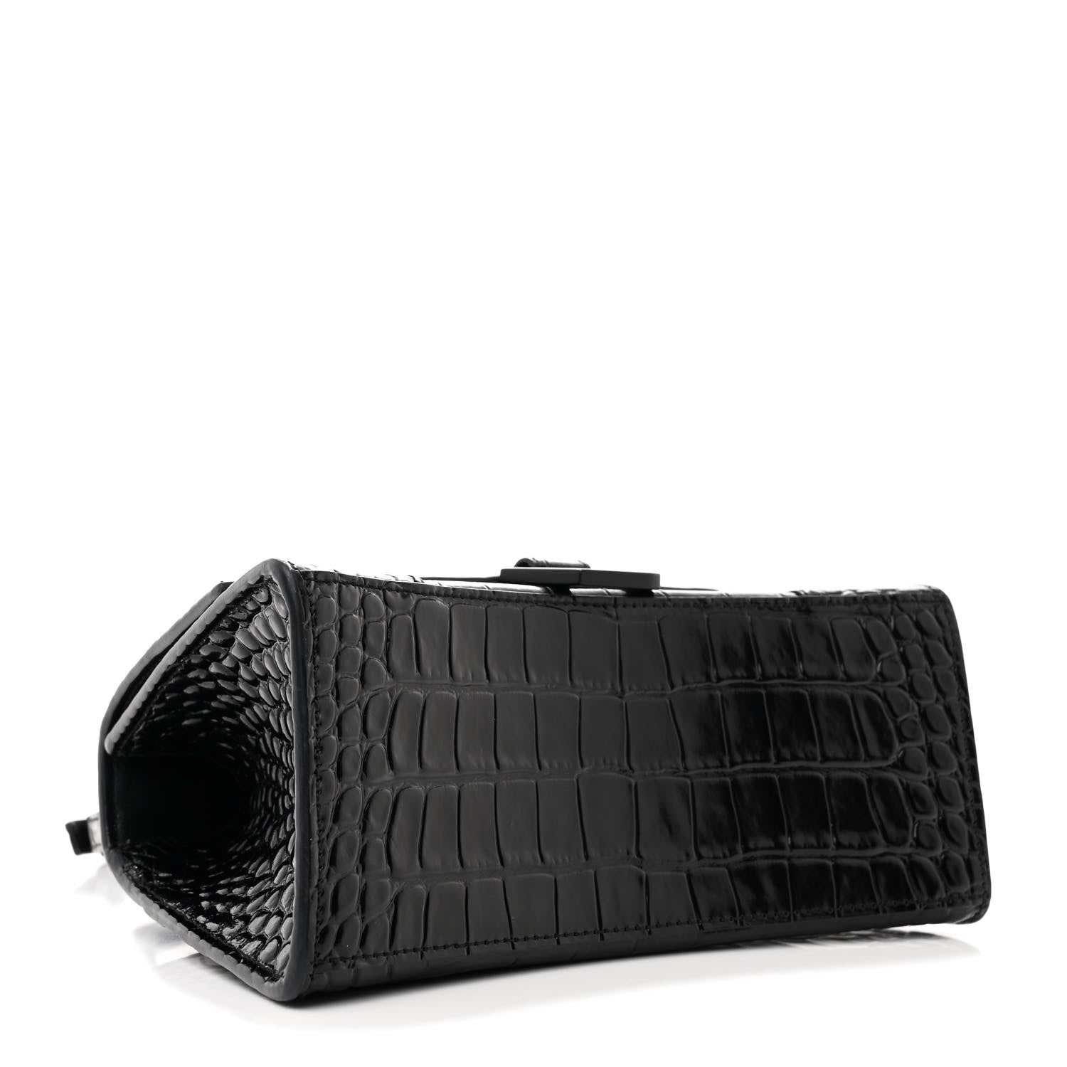 Shiny Calfskin Monochrome Crocodile Embossed Small Hourglass Top Handle Bag Black