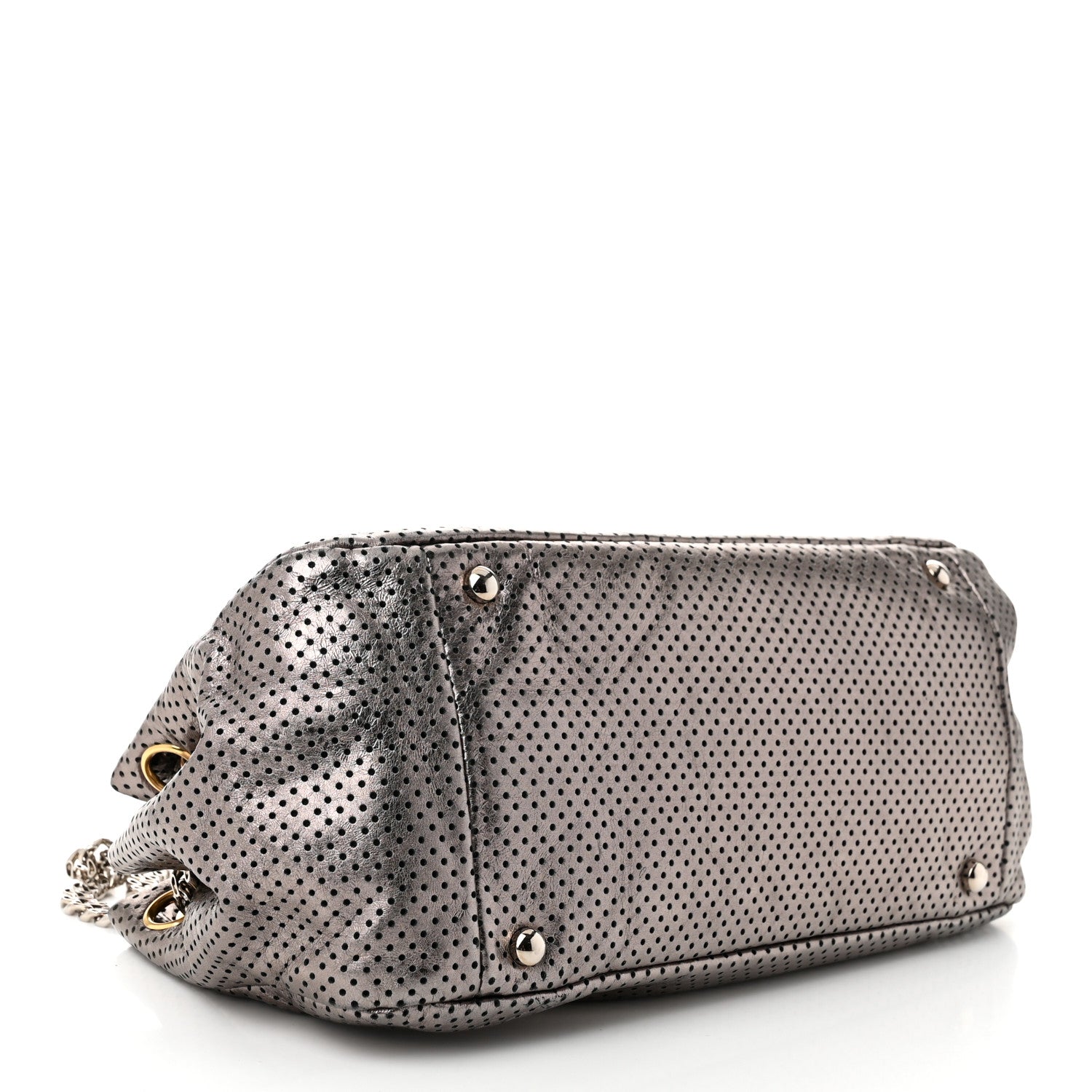Metallic Crackled Calfskin Perforated Drill Shoulder Bag Silver