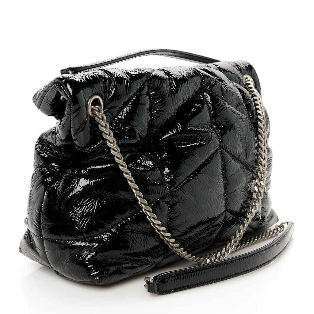 Patent Lambskin Quilted Medium Loulou Puffer Monogram Chain Satchel Black