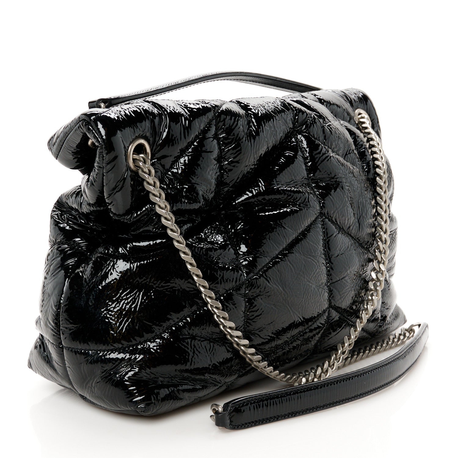 Patent Lambskin Quilted Medium Loulou Puffer Monogram Chain Satchel Black