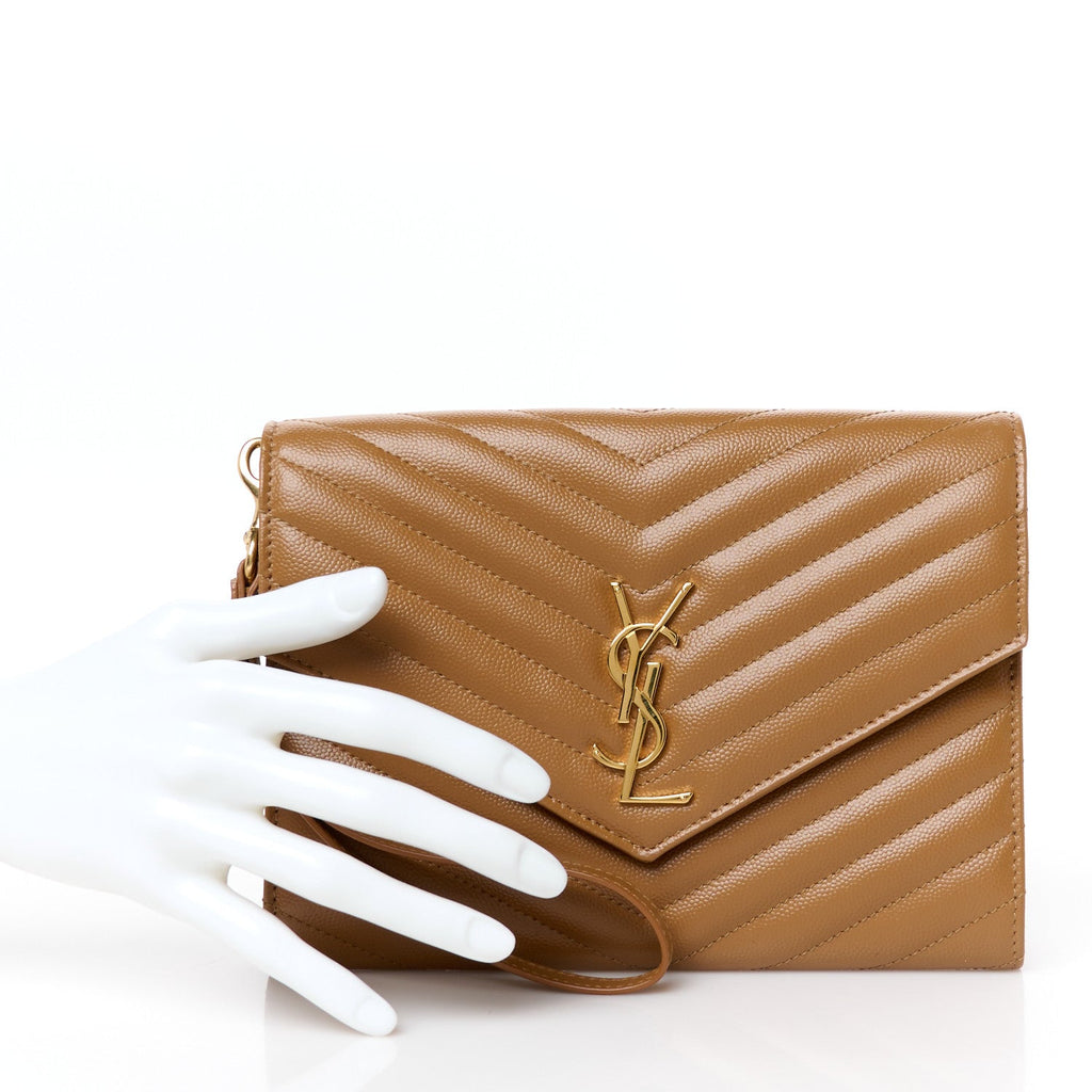 Grain De Poudre Matelasse Chevron Monogram Cassandre Flap Pouch Natural Dark