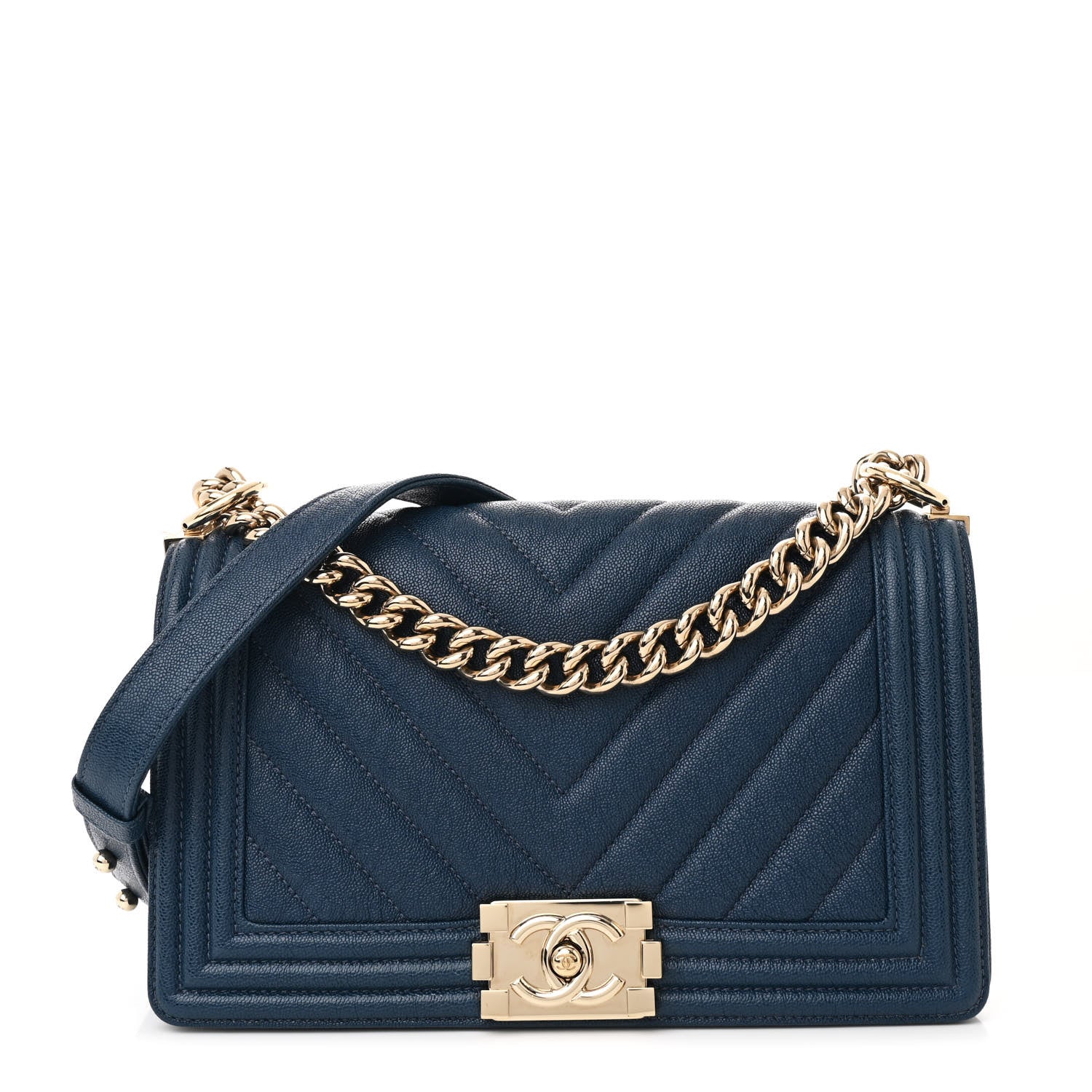 Iridescent Caviar Chevron Quilted Medium Boy Flap Blue
