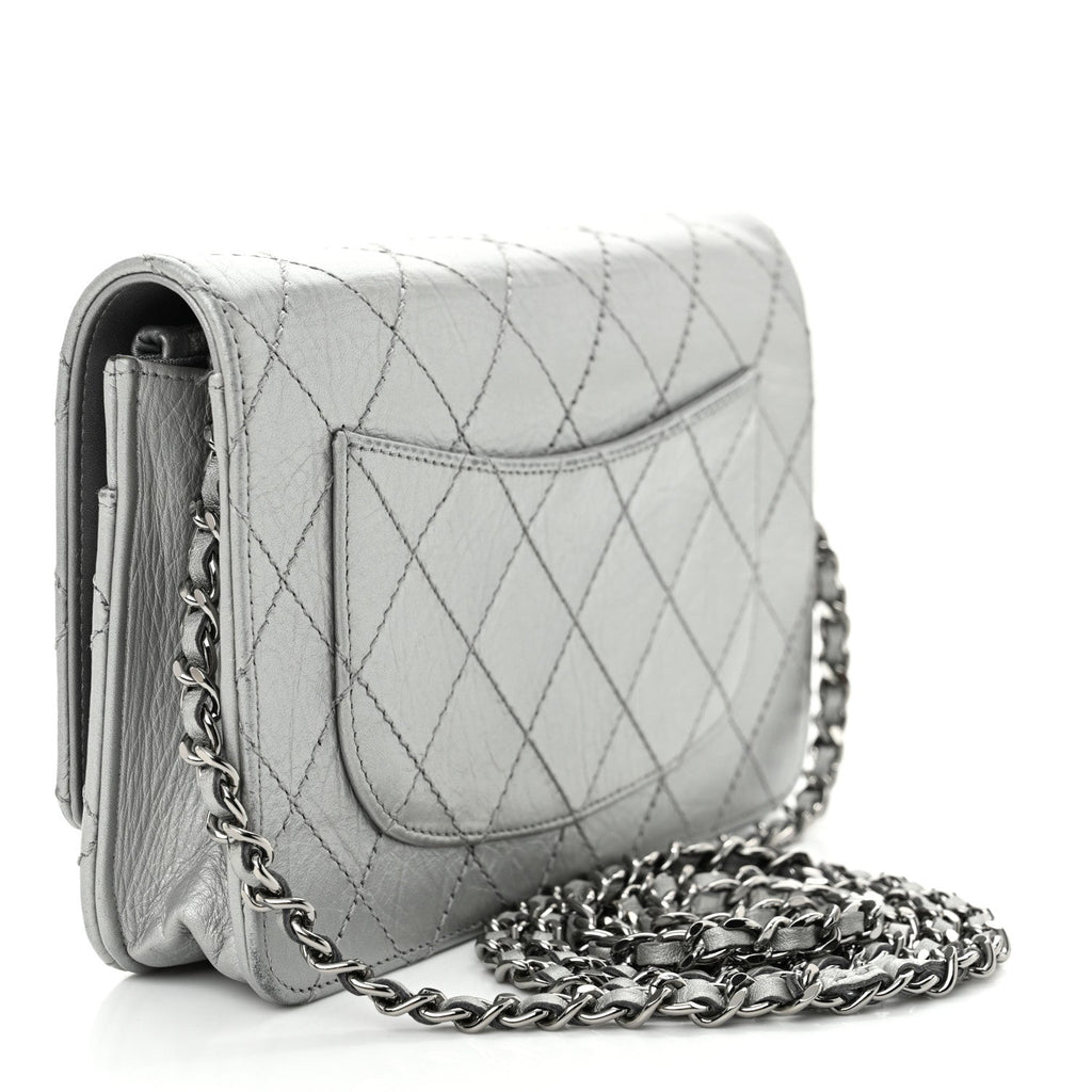 Metallic Aged Calfskin Quilted Reissue Wallet On Chain WOC Silver