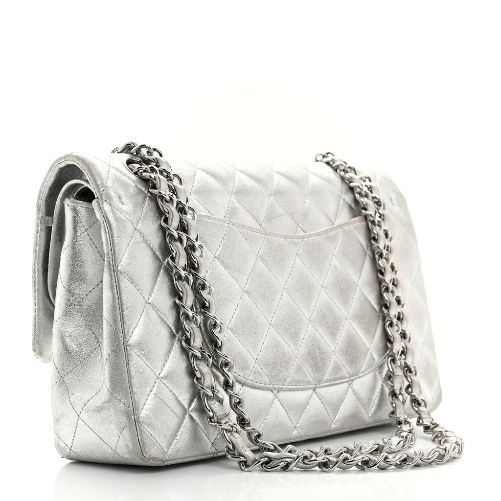 Metallic Lambskin Quilted Medium Double Flap Silver