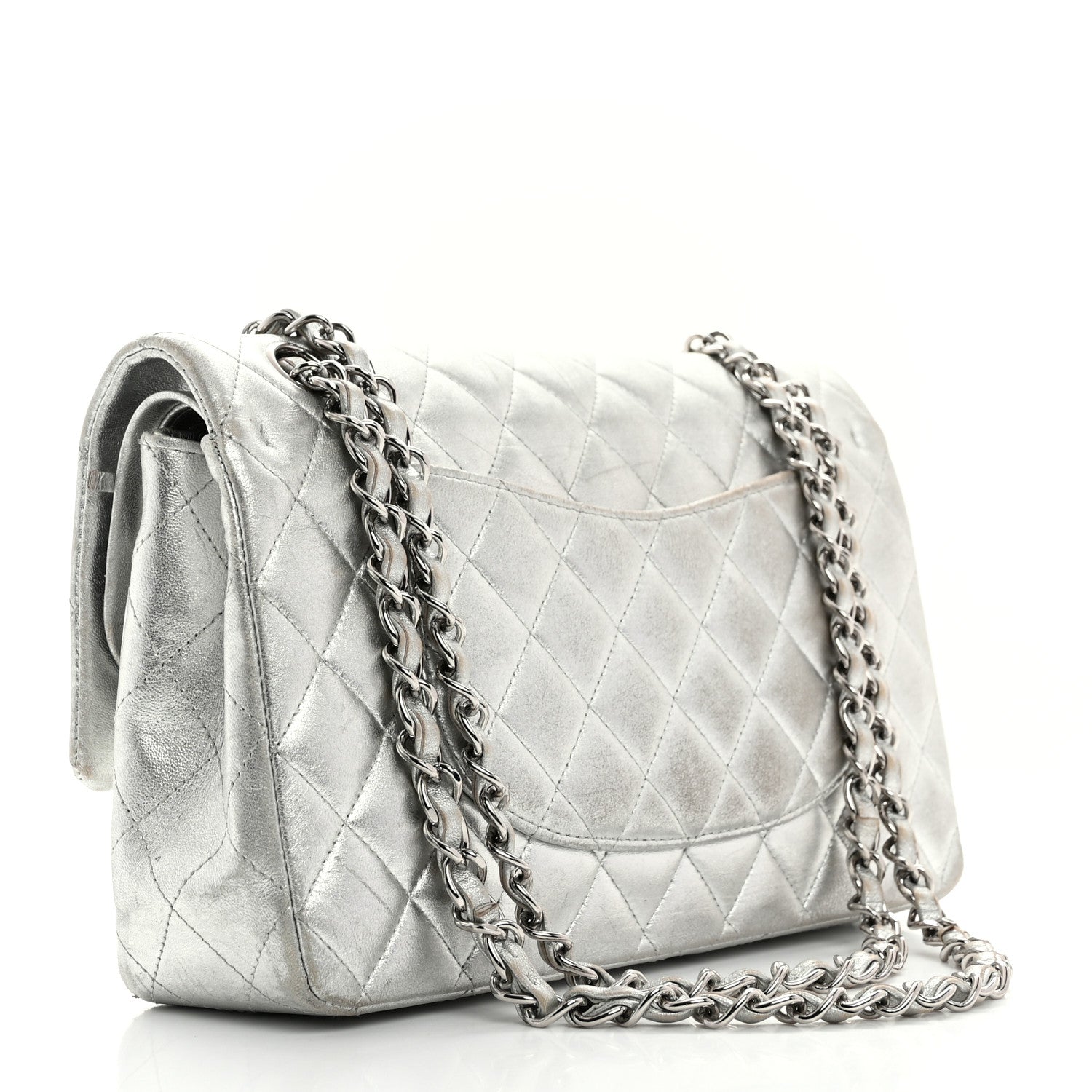 Metallic Lambskin Quilted Medium Double Flap Silver