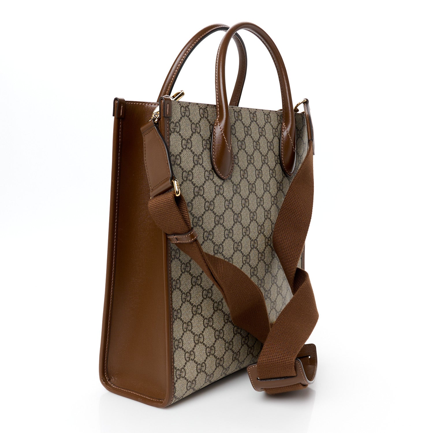 GG Supreme Monogram Textured Dollar Calfskin Web Retro Interlocking G Vertical Tote Bag Beige Ebony Brown Sugar