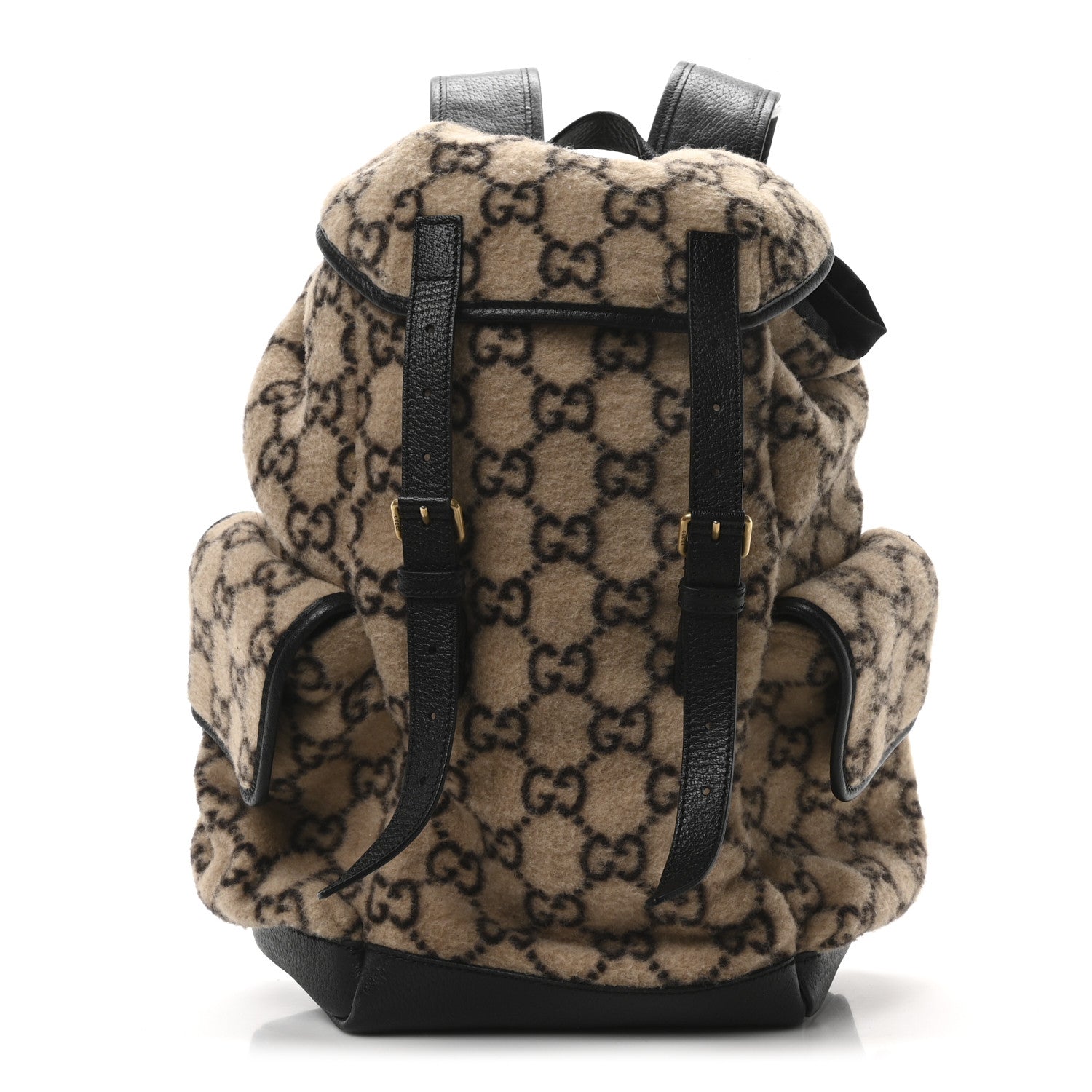 Covered Wool GG Monogram Large Double Buckle Backpack Beige Ebony Black