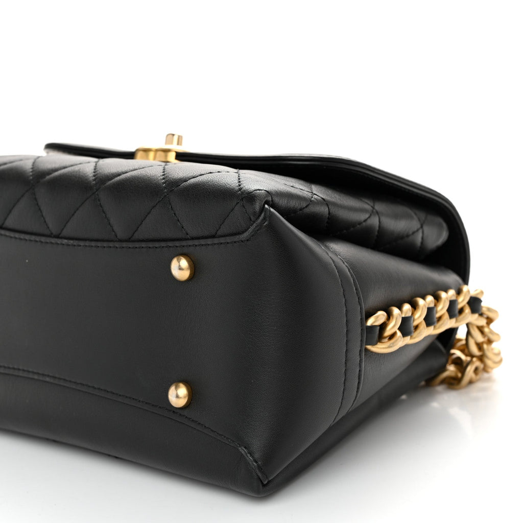 Calfskin Quilted Side Chain Compartment Flap Black