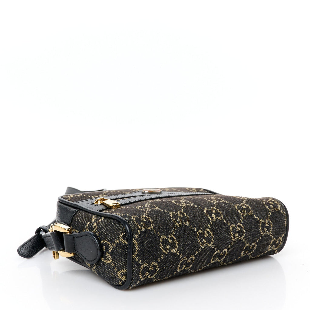 Jacquard Black Denim GG Monogram Textured Dollar Calfskin Mini Ophidia Shoulder Bag Black Ivory