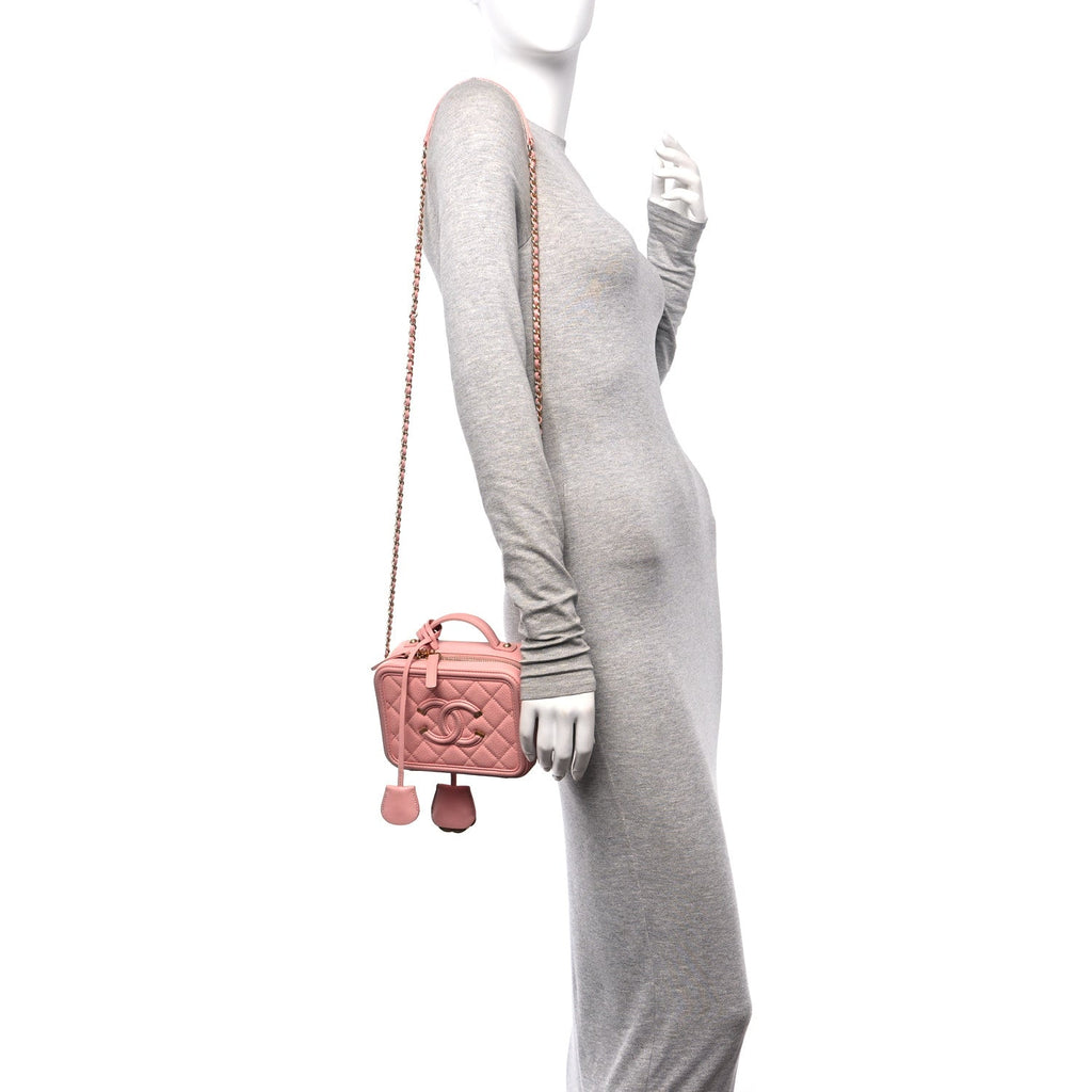 Caviar Quilted Small CC Filigree Vanity Case Rose Pink