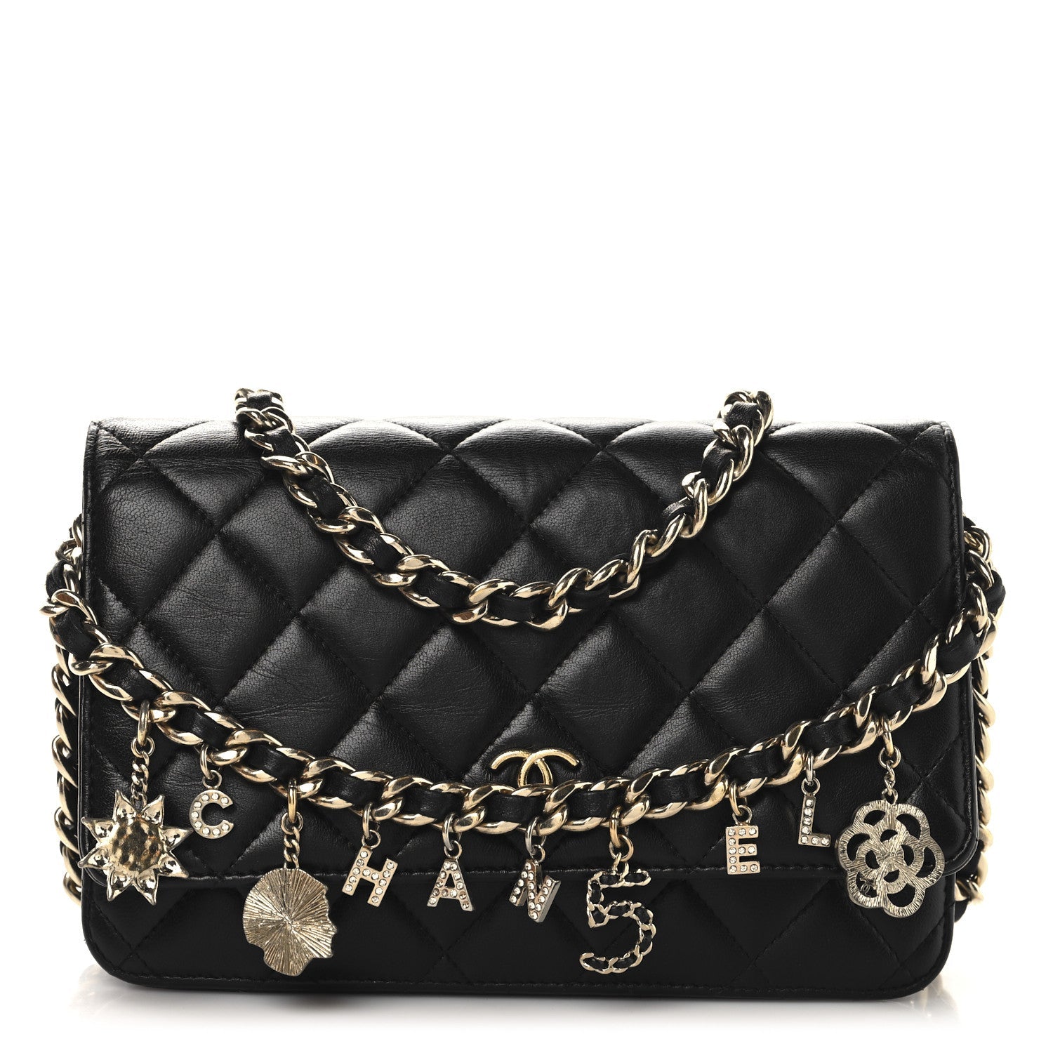 Lambskin Quilted Coco Charms Wallet On Chain Black