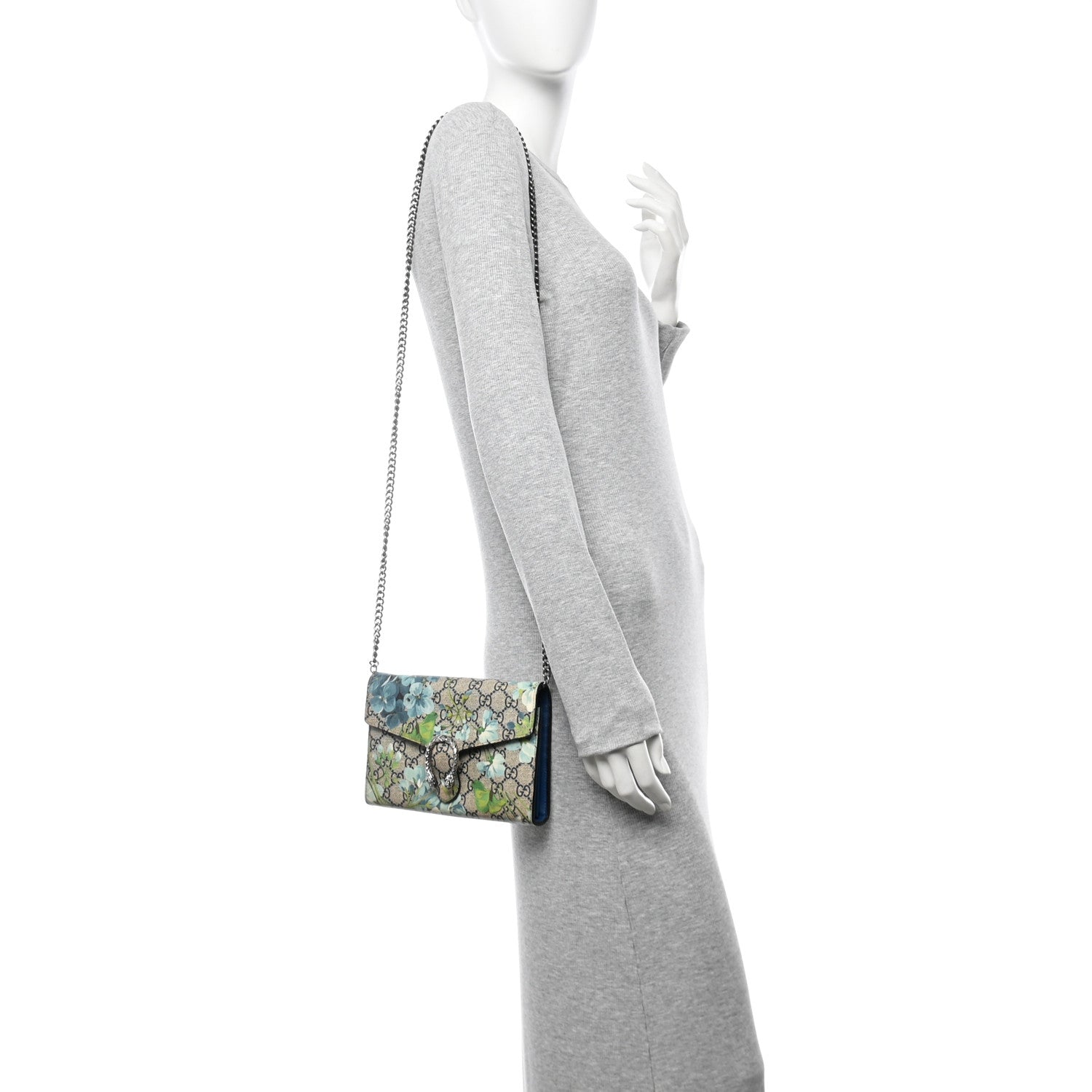 GG Supreme Monogram Blooms Mini Dionysus Chain Wallet Beige Blue Navy Vintage Blue