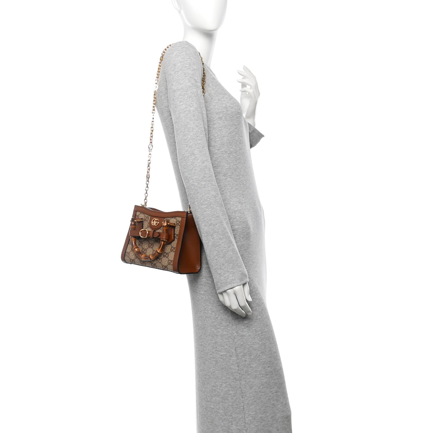 New Canvas Charisma Calfskin Crystal GG Monogram Mini Diana Tote Bag Camel Ebony