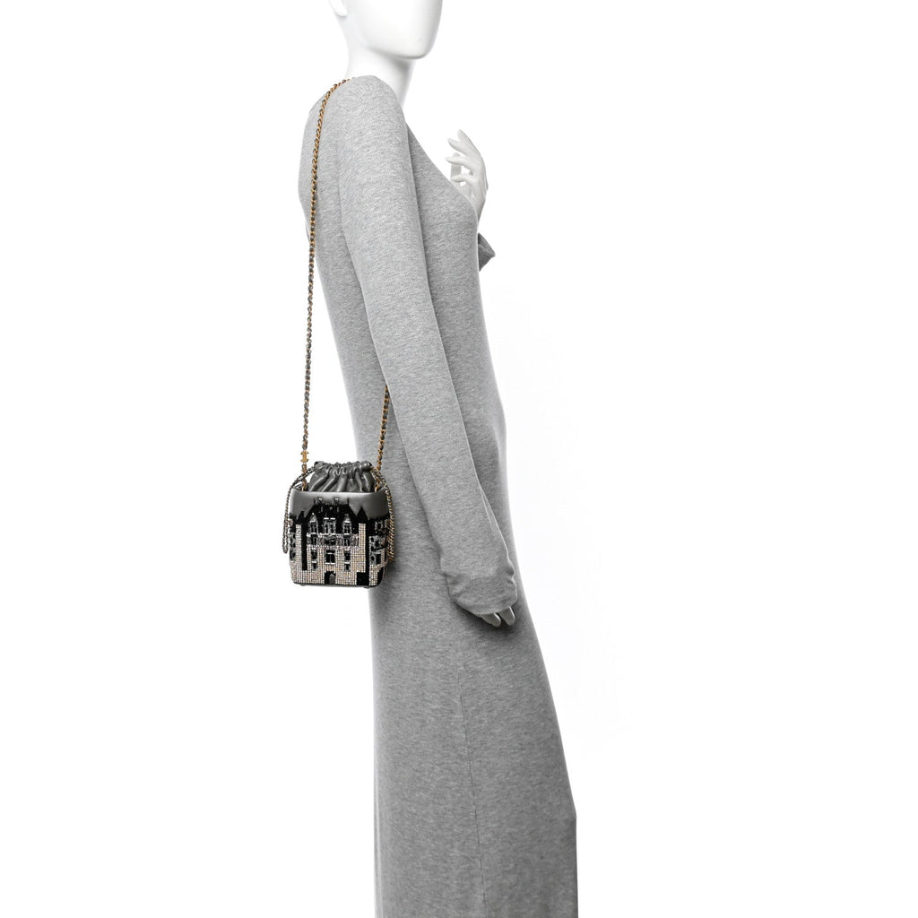 Metallic Lambskin Crystal Metiers D'Art Chateau de Chenonceau Bucket Bag Grey