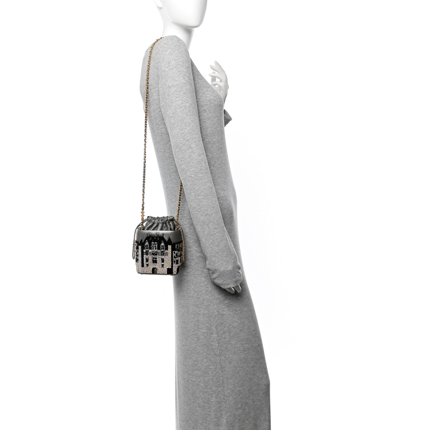 Metallic Lambskin Crystal Metiers D'Art Chateau de Chenonceau Bucket Bag Grey
