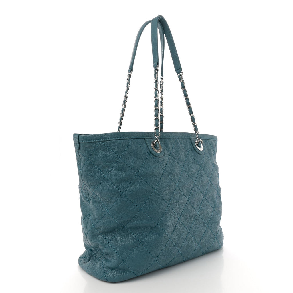 Grained Calfskin Quilted Small Daily Shopping Tote Turquoise
