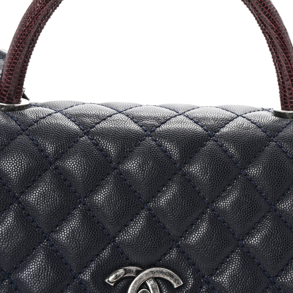 Caviar Lizard Embossed Quilted Small Coco Handle Flap Navy Blue