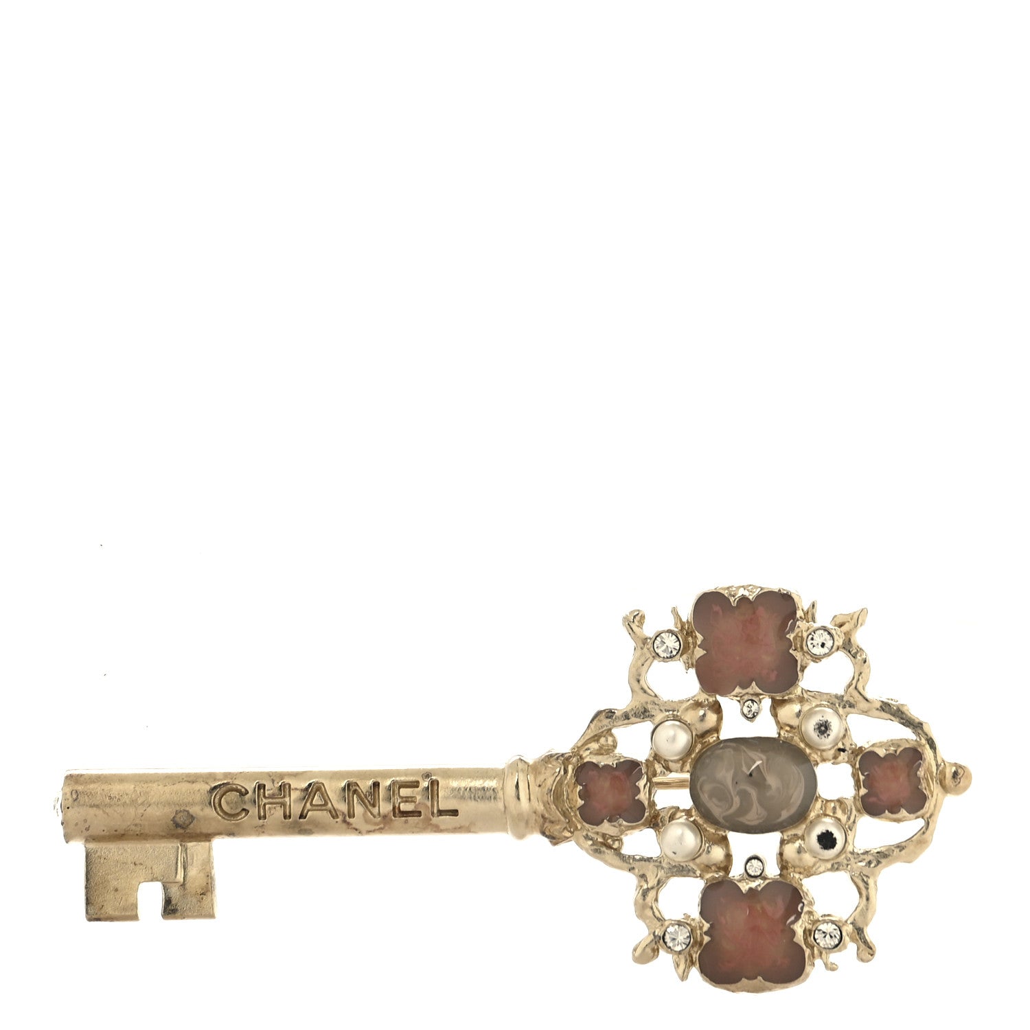 Gripoix Poured Glass Pearl Key Brooch Gold Pink