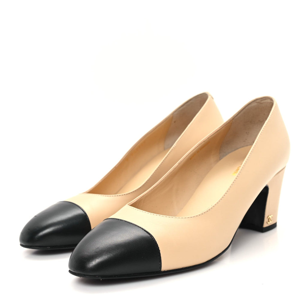 Lambskin Cap Toe CC Uniform Pumps 41 Beige Black