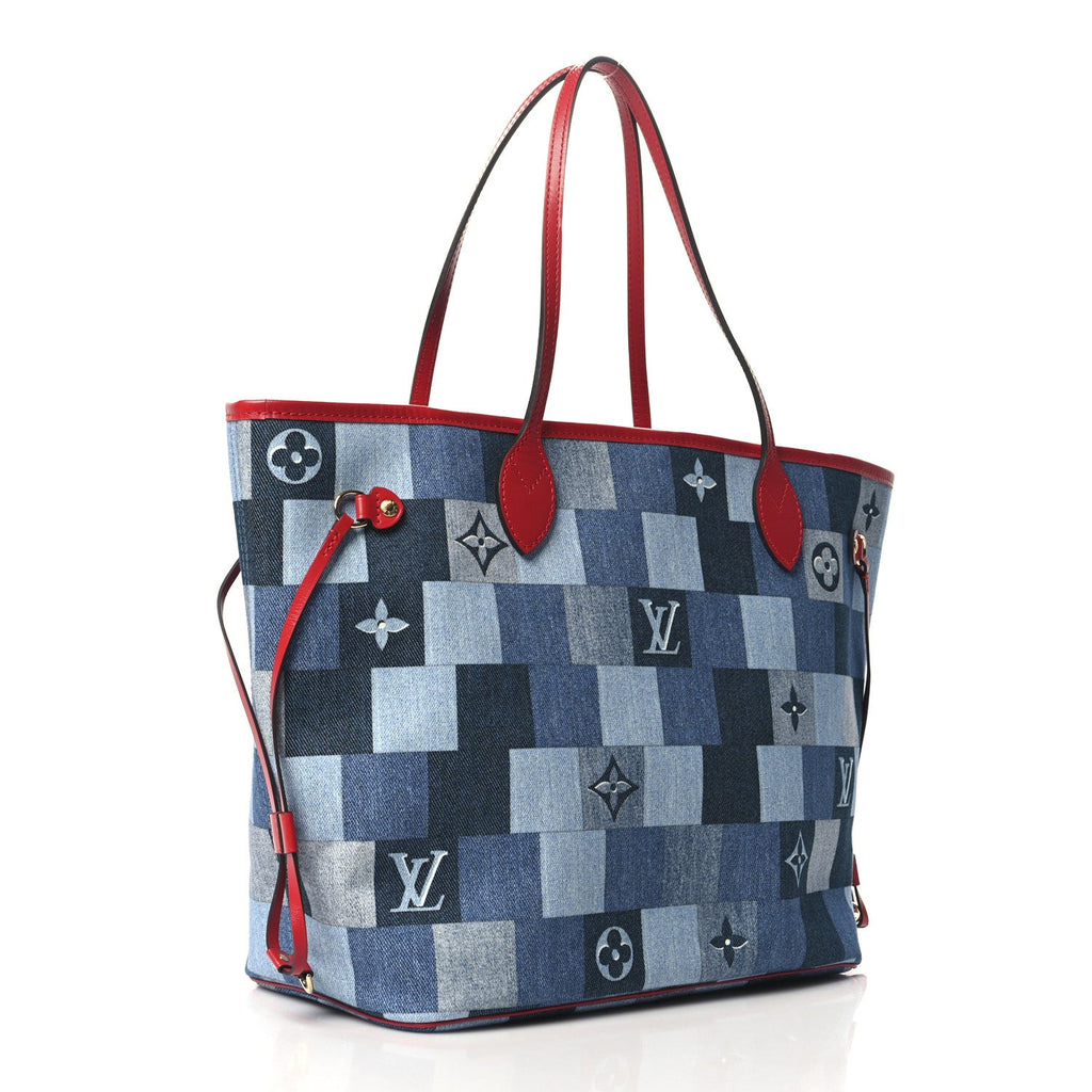 Denim Damier Monogram Patchwork Neverfull Blue Rouge