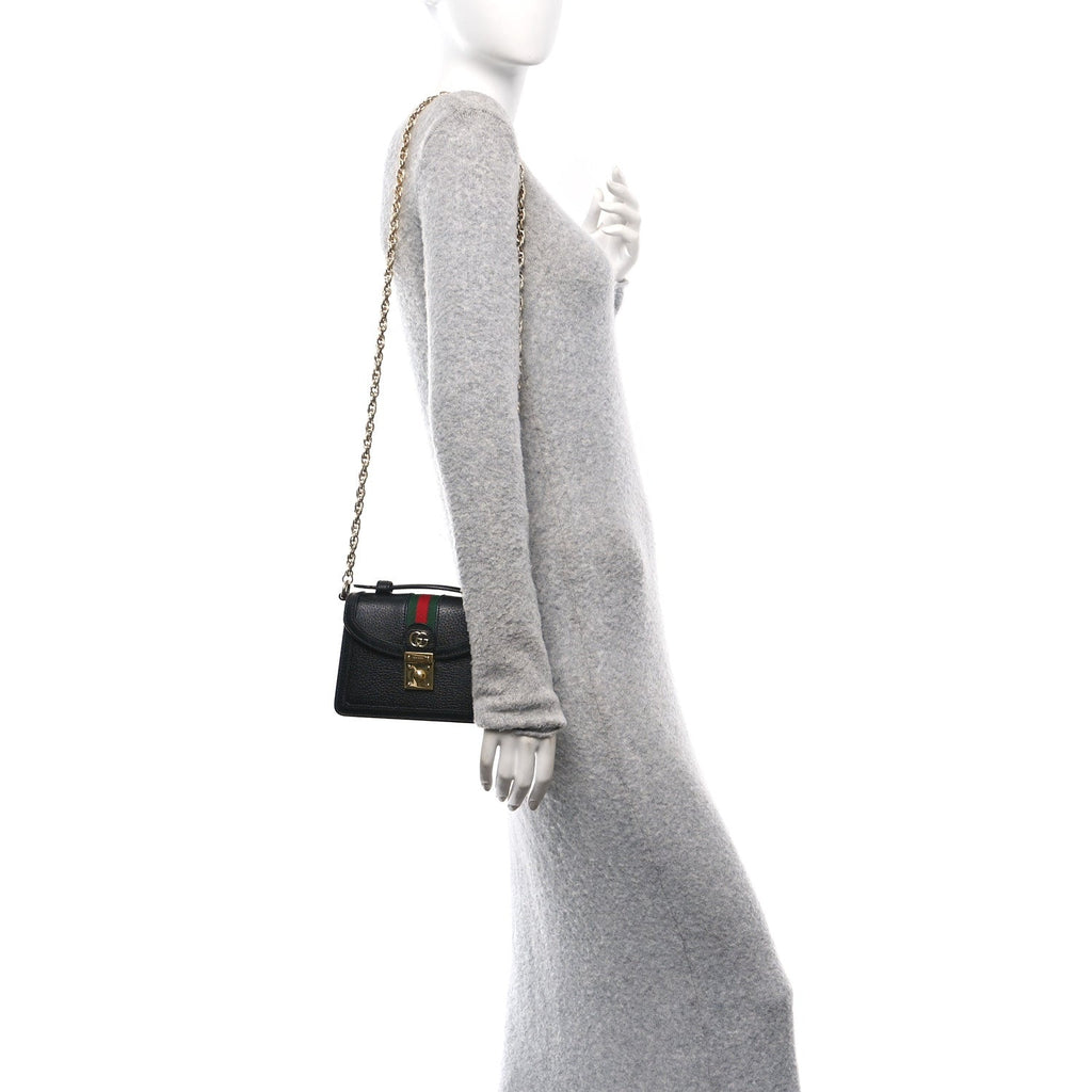 Textured Dollar Calfskin Web Mini Ophidia Padlock Top Handle Chain Shoulder Bag Black