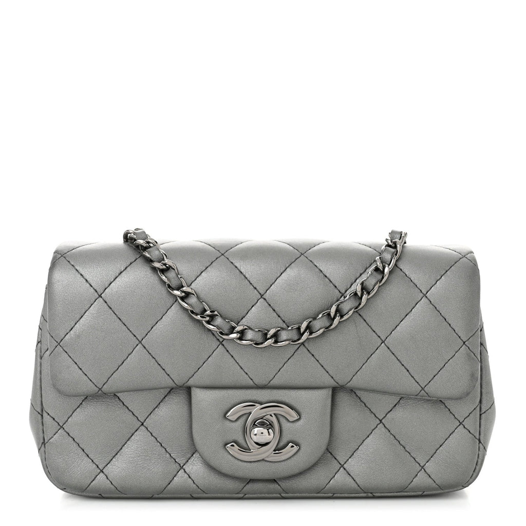 Metallic Lambskin Quilted Extra Mini Rectangular Flap Dark Silver