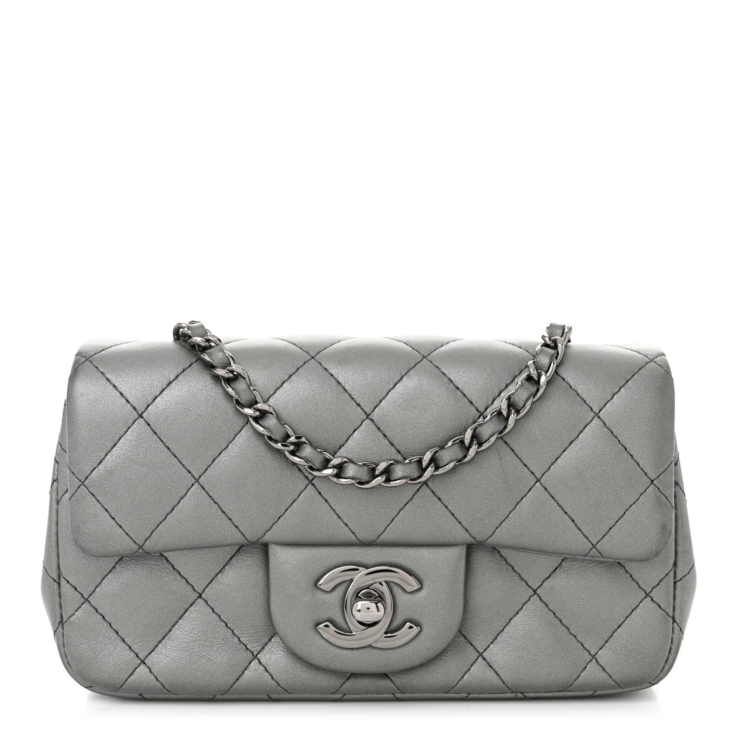 Metallic Lambskin Quilted Extra Mini Rectangular Flap Dark Silver