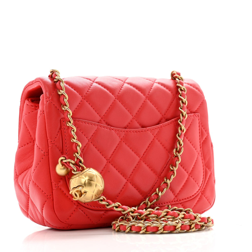 Lambskin Quilted Mini Pearl Crush Flap Red