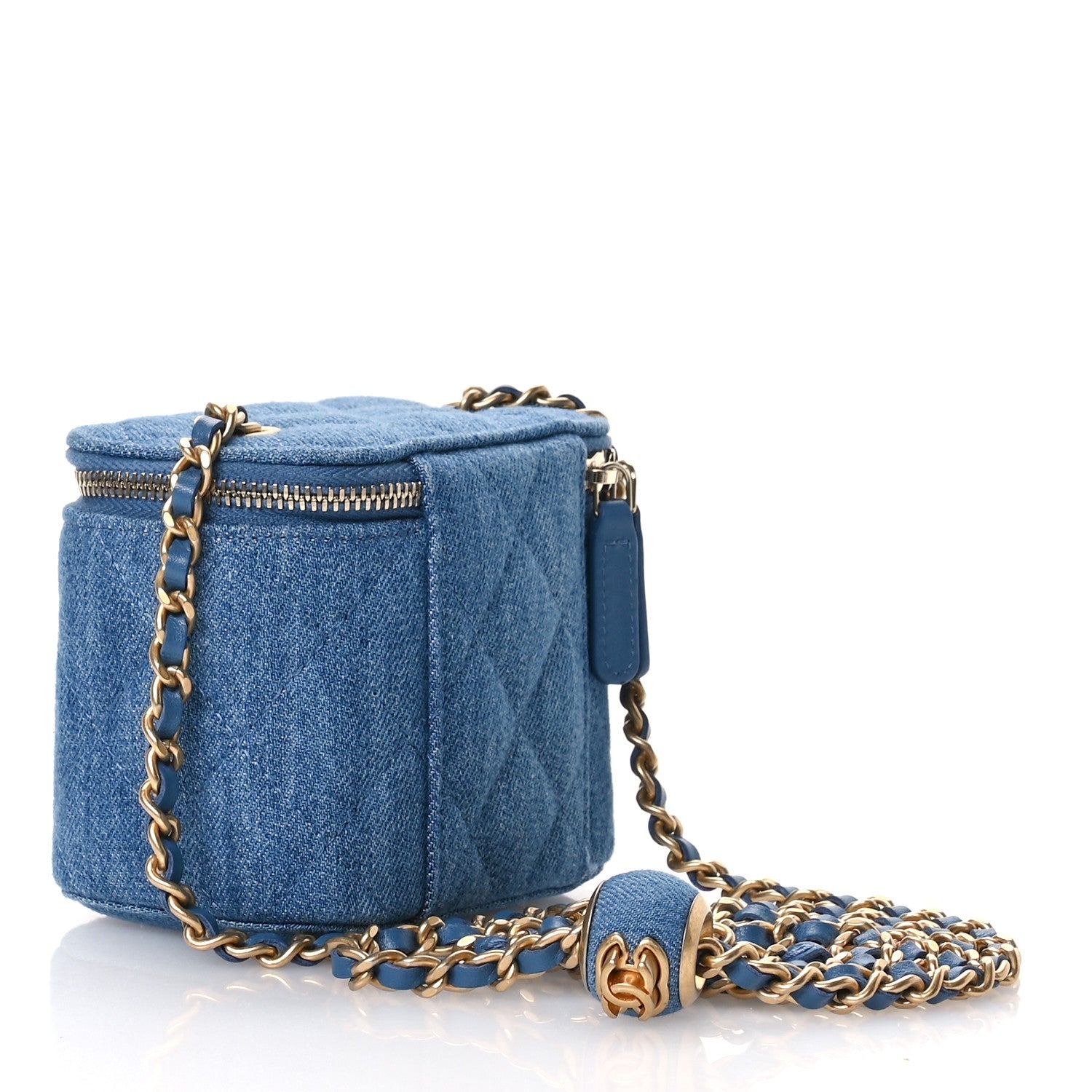 Denim Quilted Mini Pearl Crush Vanity Case With Chain