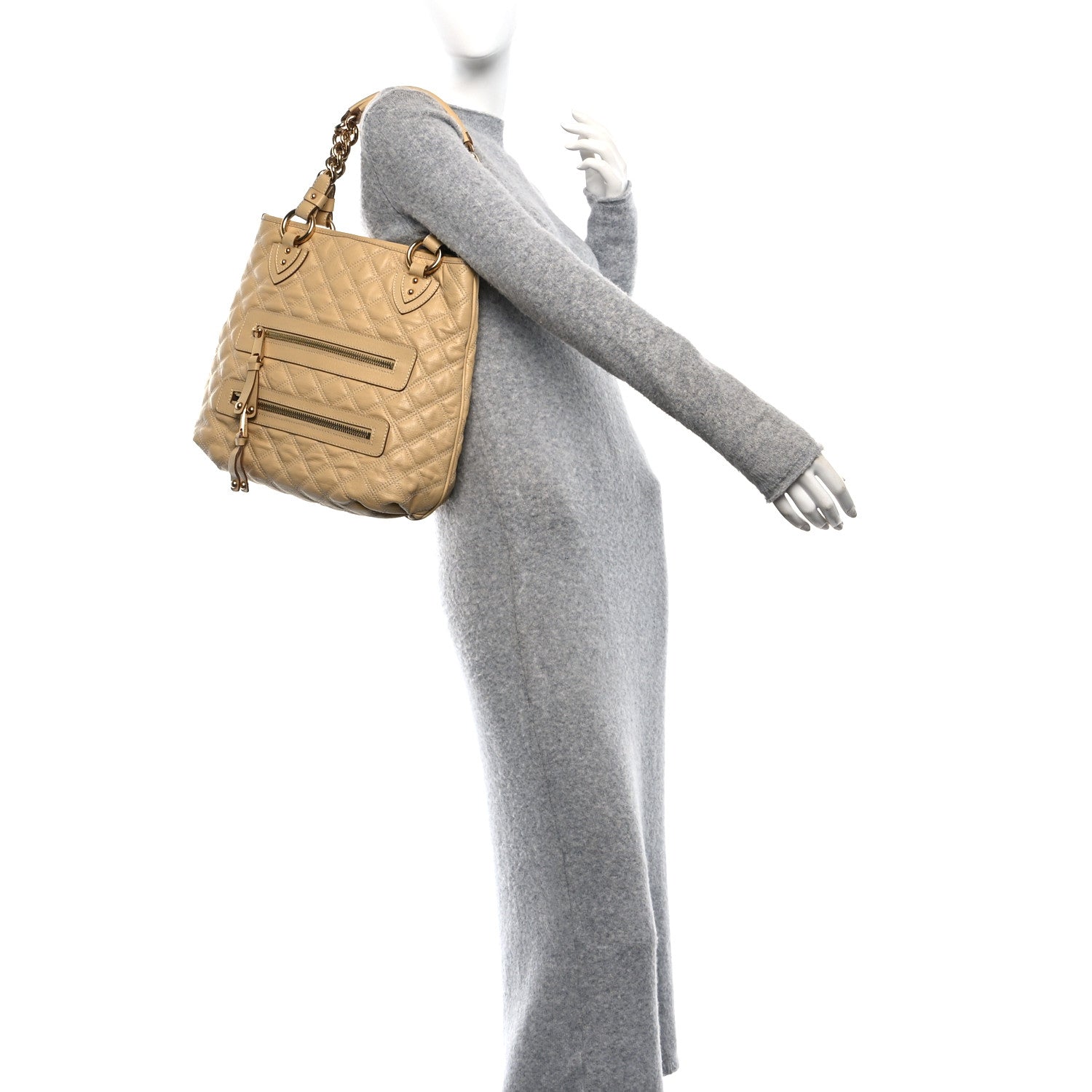 Calfskin Quilted Zipper Tote Beige