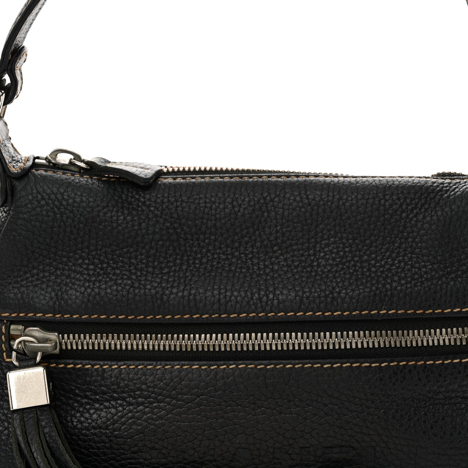 Grained Calfskin Tassel Shoulder Bag Black