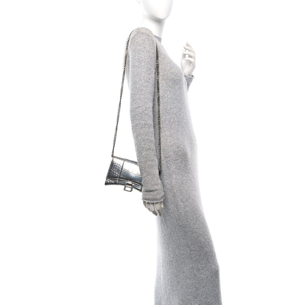 Metallic Calfskin Crocodile Embossed Hourglass Chain Bag Silver