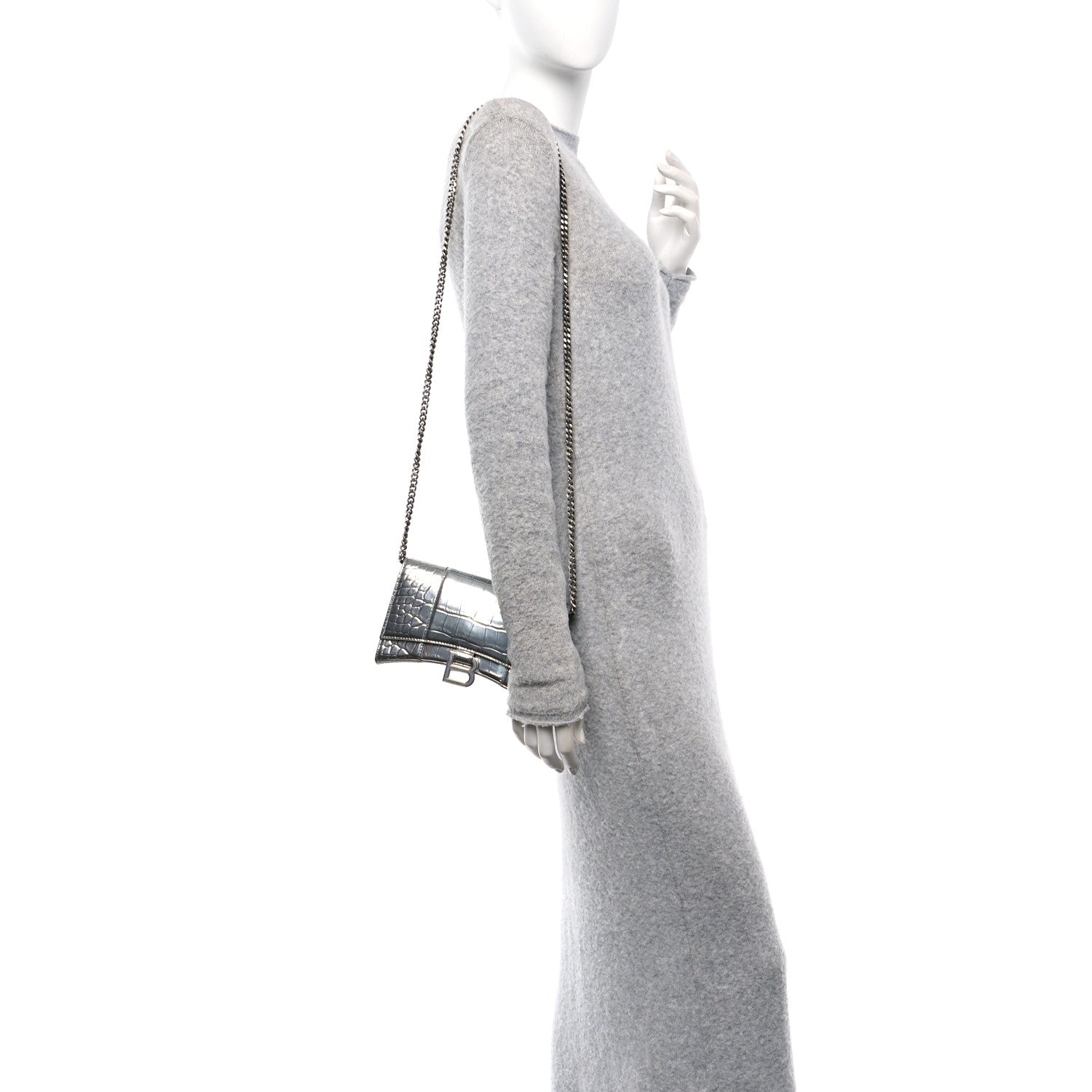 Metallic Calfskin Crocodile Embossed Hourglass Chain Bag Silver