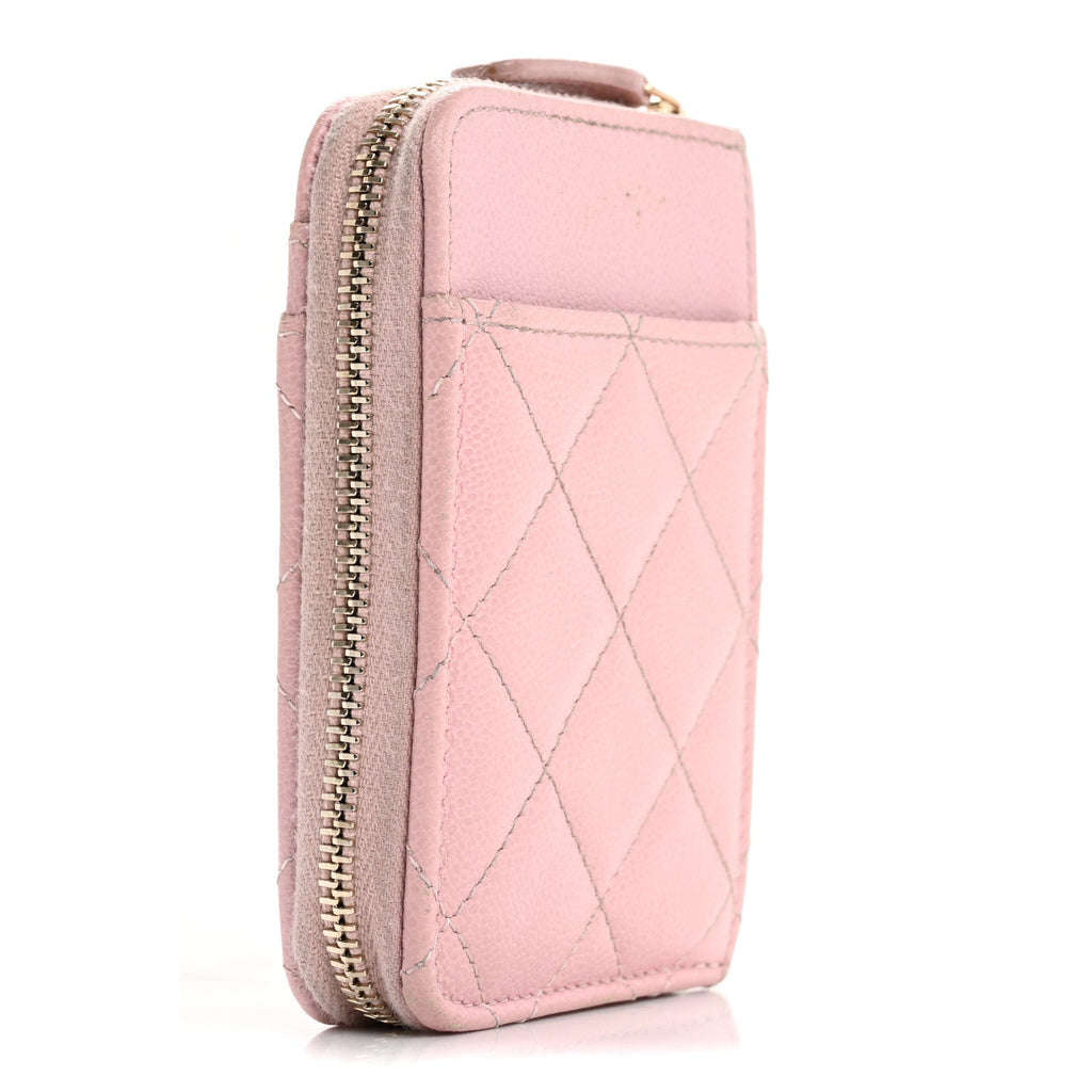 Caviar Quilted Studded CC Zip  Holder Pink