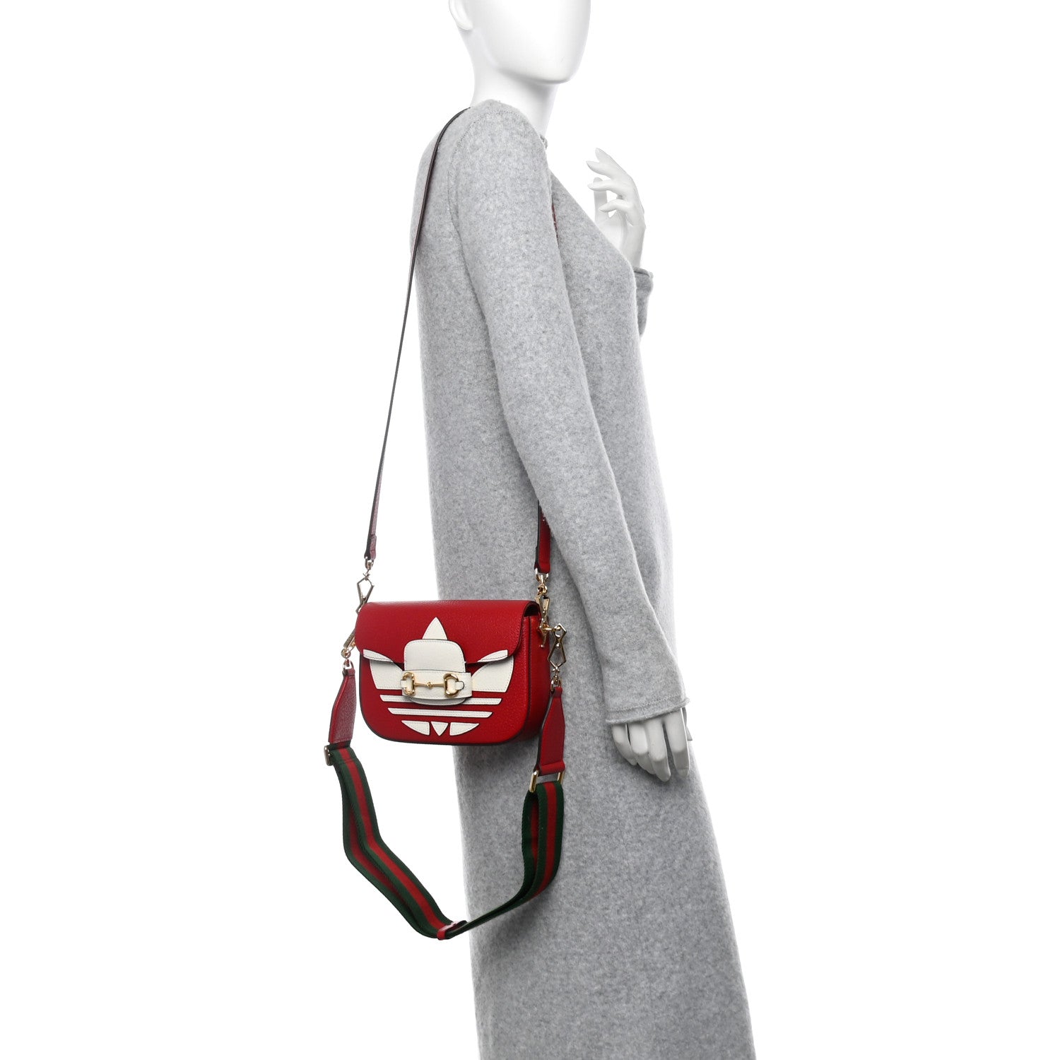 X ADIDAS Textured Dollar Calfskin Web Trefoil Mini Horsebit 1955 Shoulder Bag Hibiscus Red Off White