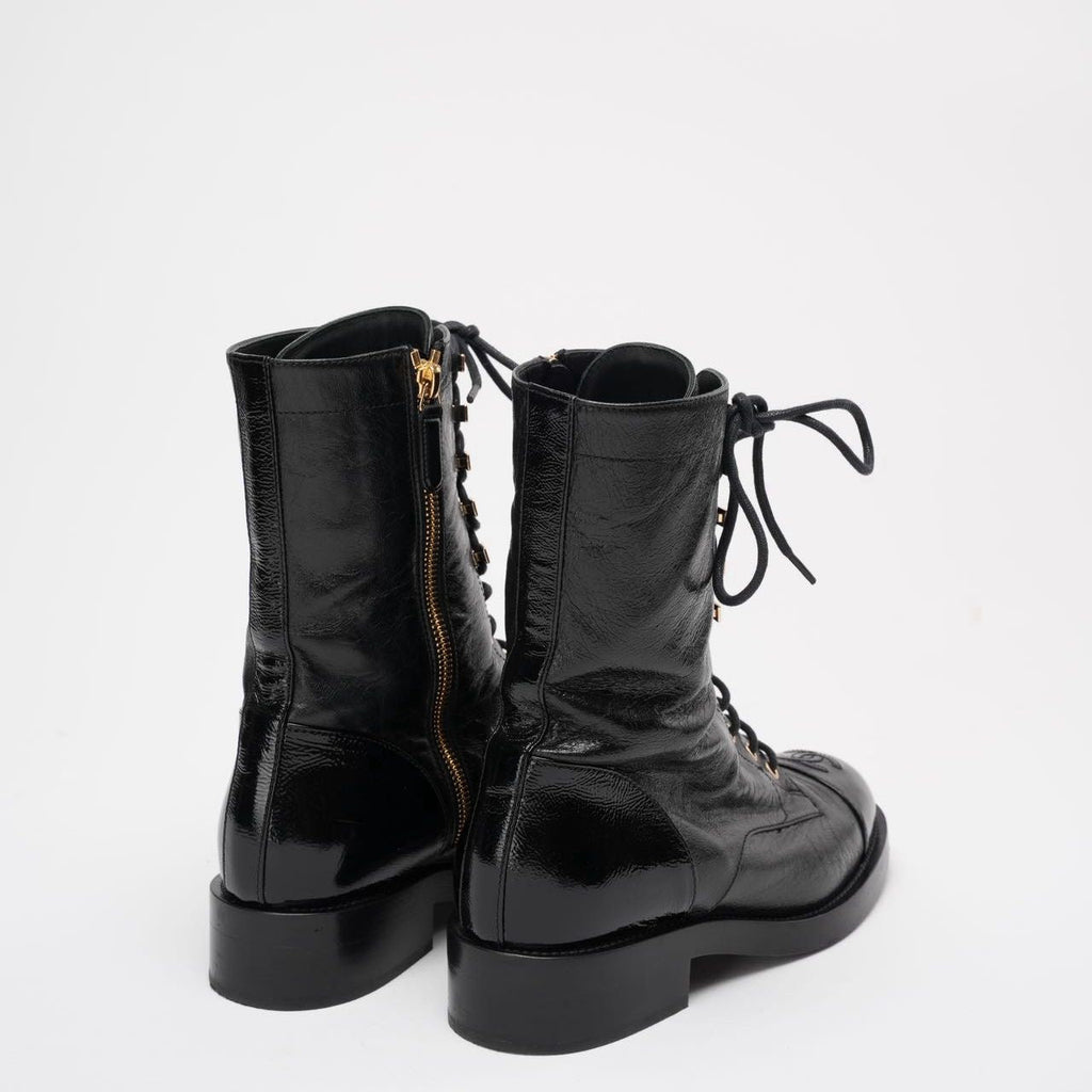 Chanel Black Calfskin Lace Up Combat Boots 39