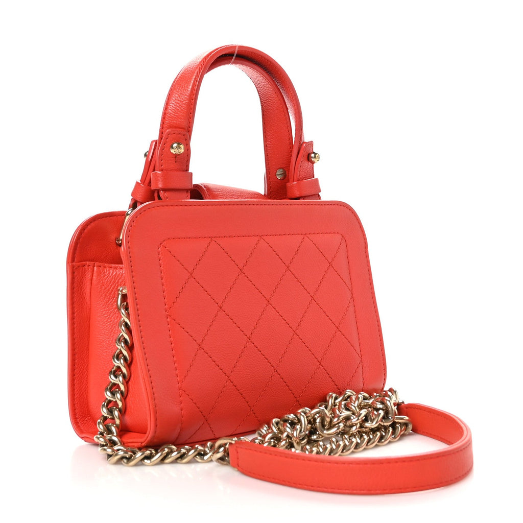 Grained Calfskin Stitched Mini Label  Shopper Tote Red