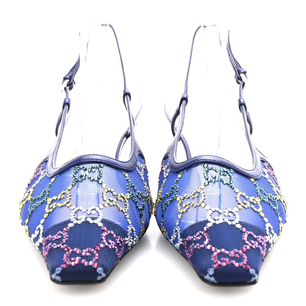 Tela Retino Nappa Charlotte Crystal GG Monogram Square G 35mm Slingback Pumps 38.5 Splash Net Blue Witch
