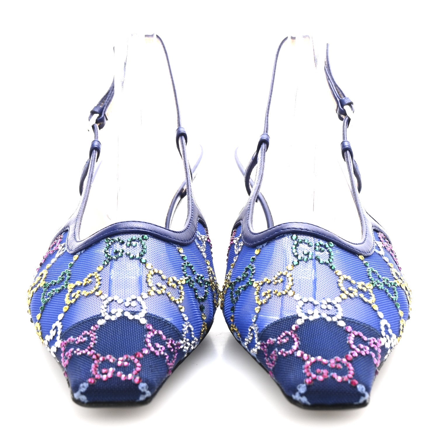 Tela Retino Nappa Charlotte Crystal GG Monogram Square G 35mm Slingback Pumps 38.5 Splash Net Blue Witch