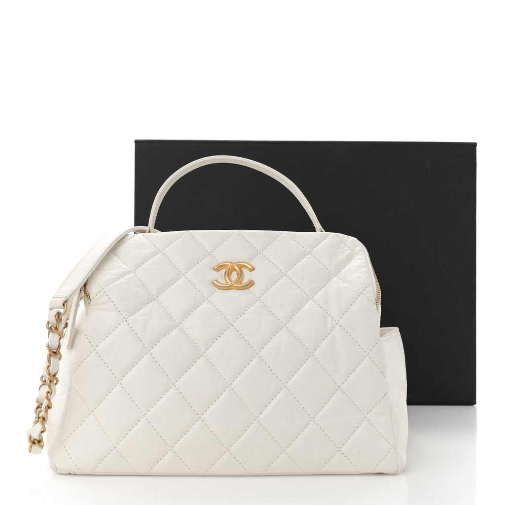 Aged Calfskin Quilted Double Sided Bowling Bag White