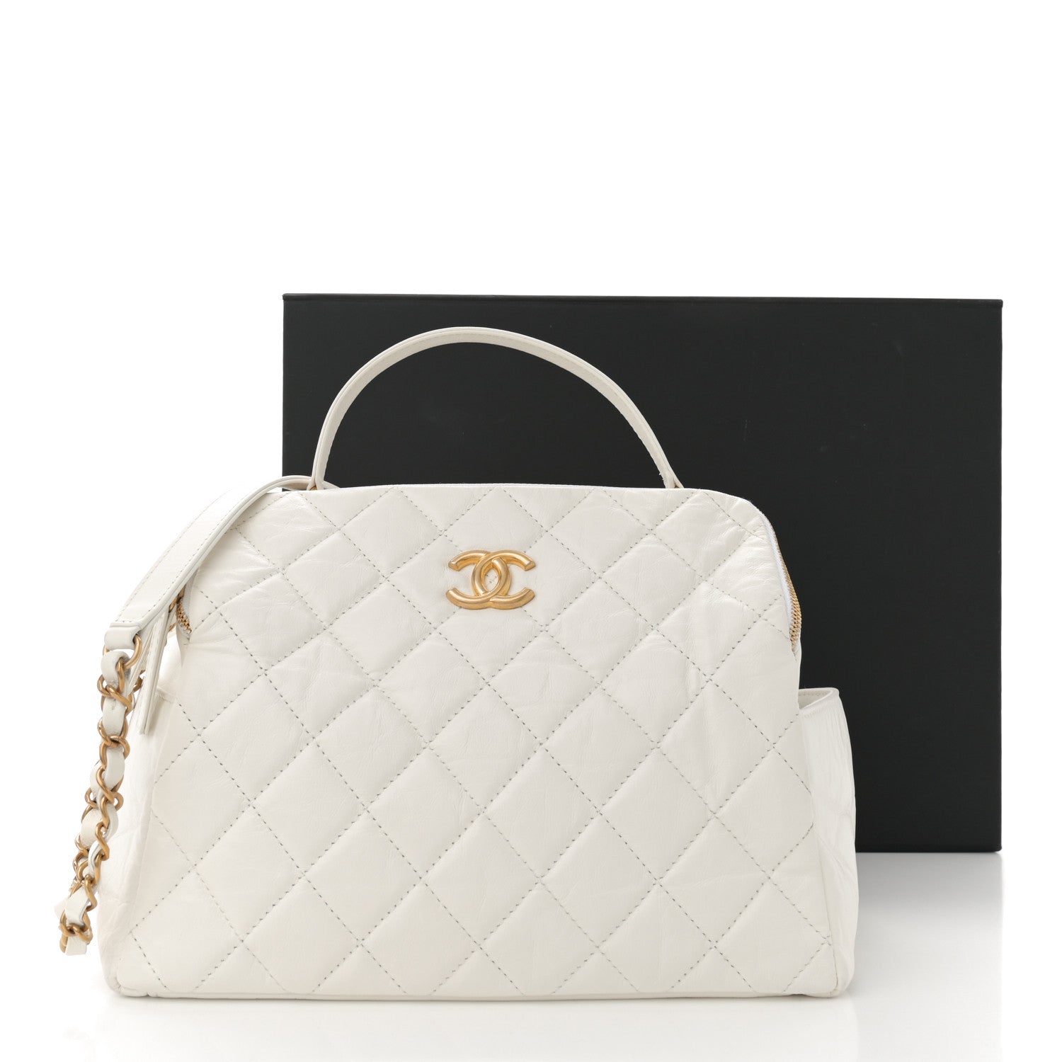 Aged Calfskin Quilted Double Sided Bowling Bag White